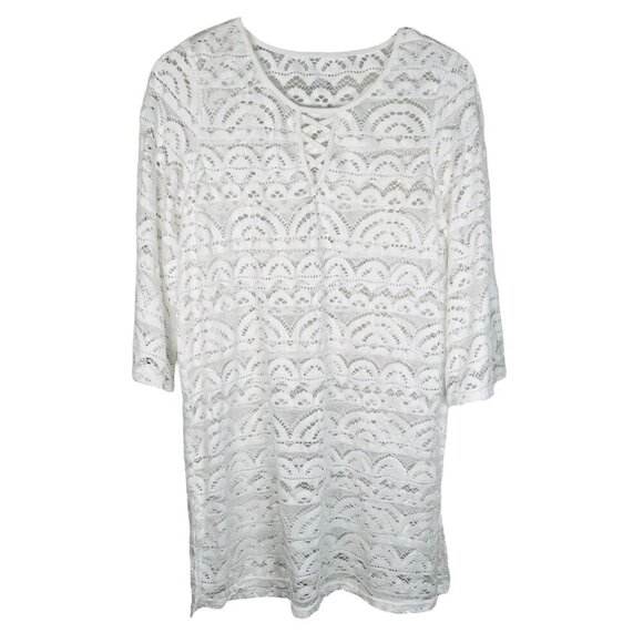 2/$30 Crochet Beach Swim Coverup White 3/4 Sleeve Relaxed Lace Romantic - Picture 1 of 4